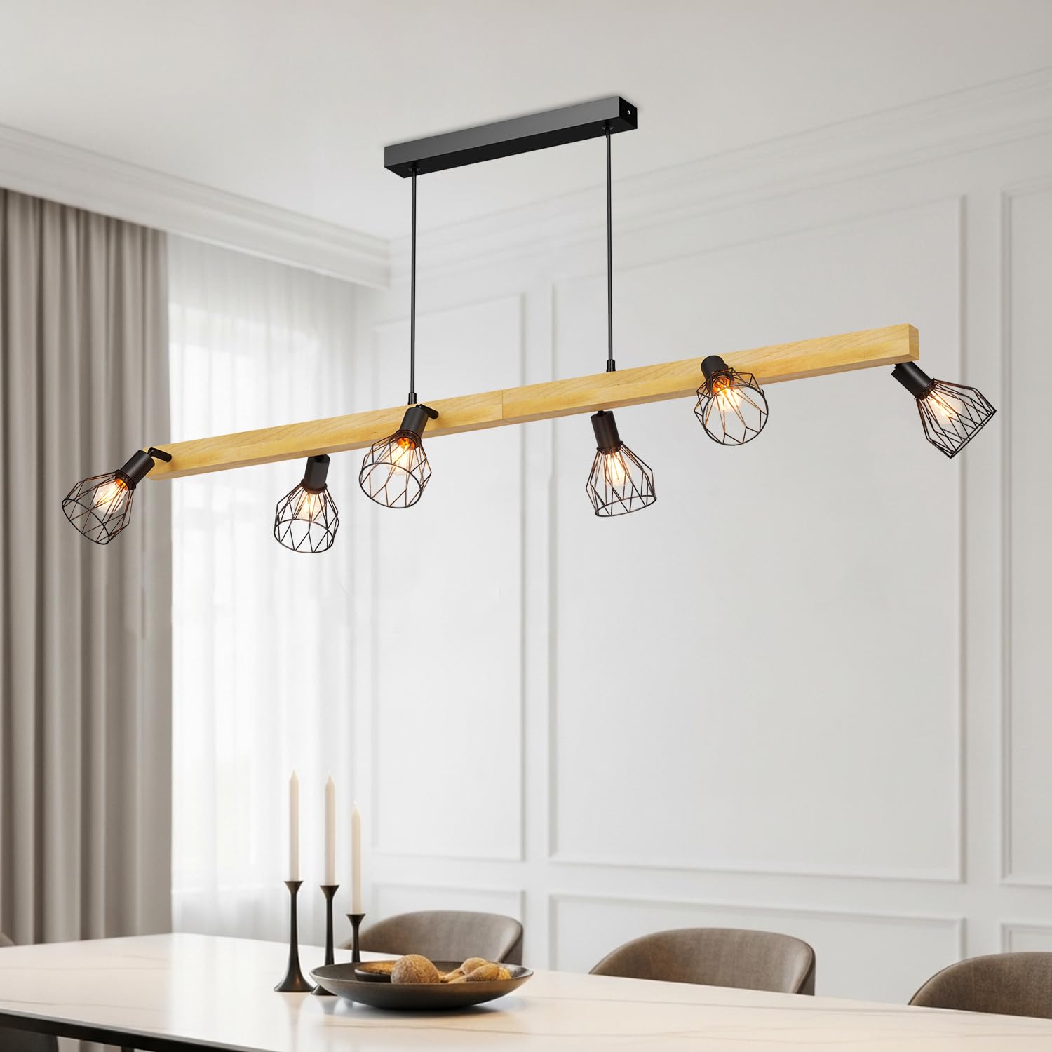 LVWIT Lamparas Colgantes de Techo Negro, Lamparas Isla Cocina E14, Lámparas de Techo de Madera，Lampara Comedor Techo con 6 Bases, para Salón,Dormitorio, Pasillo (Sin Bombillas)