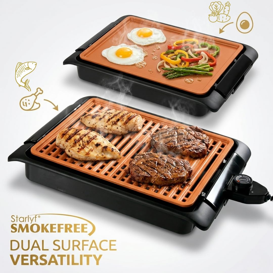 STARLYF Barbacoa eléctrica Smokefree Grill + Plancha - Barbacoa Eléctrica de 1250W, Parrilla Eléctrica Interior sin Humos ni Olores, Superficie Antiadherente de Cobre, Cocción Uniforme