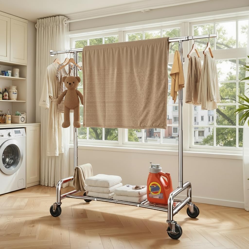 raybee heavy duty clothes rack 75" extra wide, 450 lbs clothing rack with 4 hooks, lockable wheels, metal garment rack for bedroom, laundry room, commercial chrome rod shelf