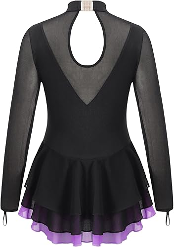 Miniatura 15 de Loyan Vestido de patinaje artístico brillante para niñas y niñas, de malla, de manga larga, patinaje sobre ruedas, competición de baile Rosa