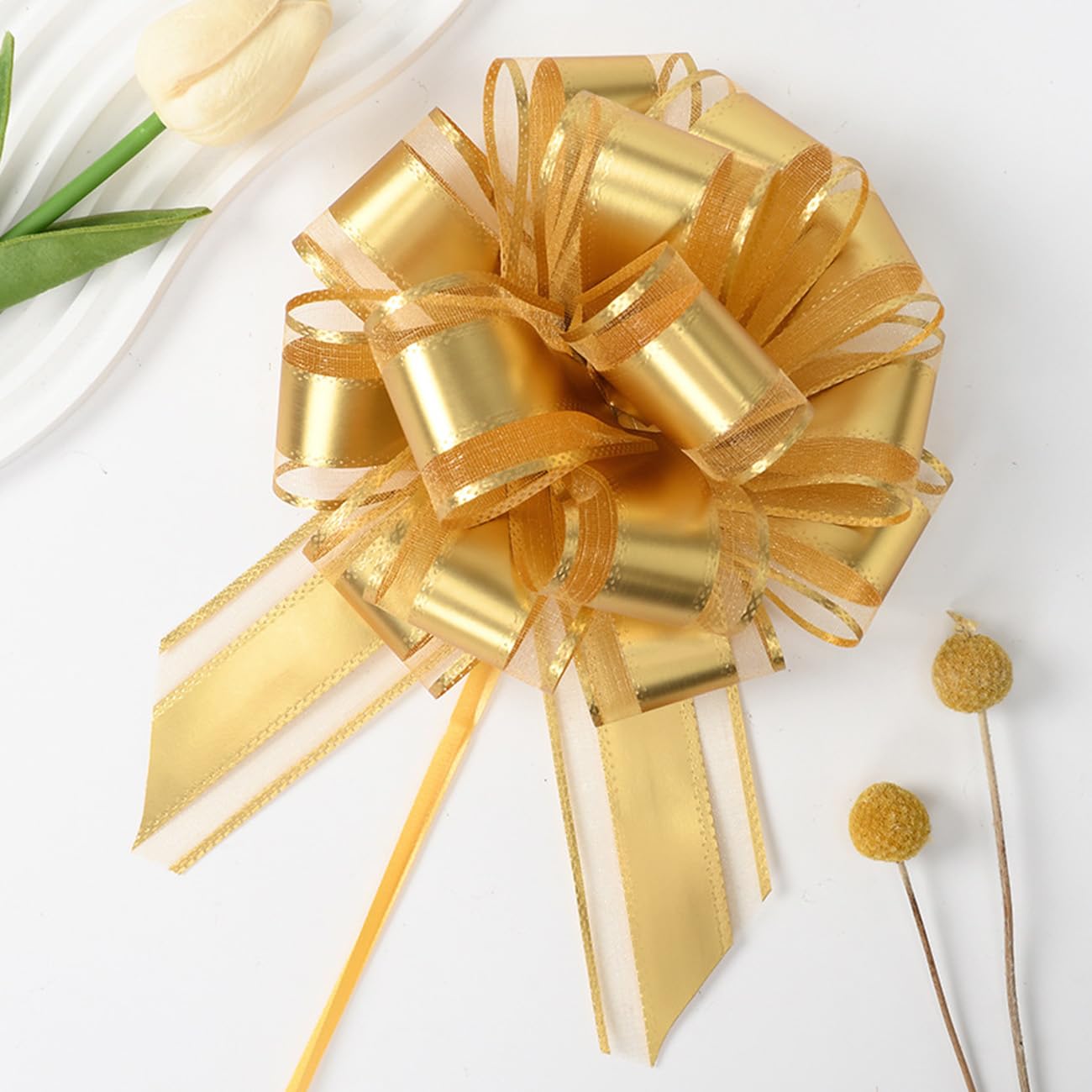 GAKA FAVOR 10Pcs Gold Pull Bows(6 Inch),Large Organza Pull Bows for Gift Wrapping,Wedding Cars,Flower Baskets and Party Decorations