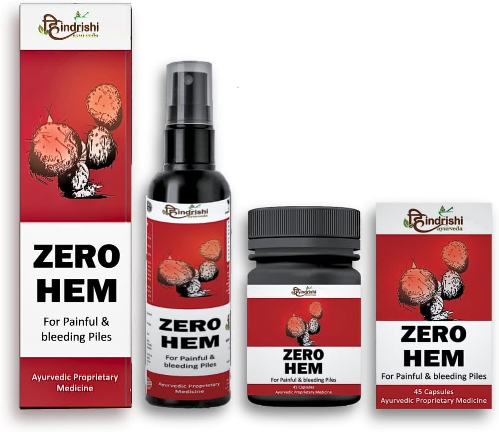 Hindrishi Ayurveda Zero Hem Piles Care Kit for Painful and Bleeding Piles, Fast Relief Hemorrhoid Support, Improve Digestion and Relief from Constipation - (30 Capsule + 50ml Oil Spray)