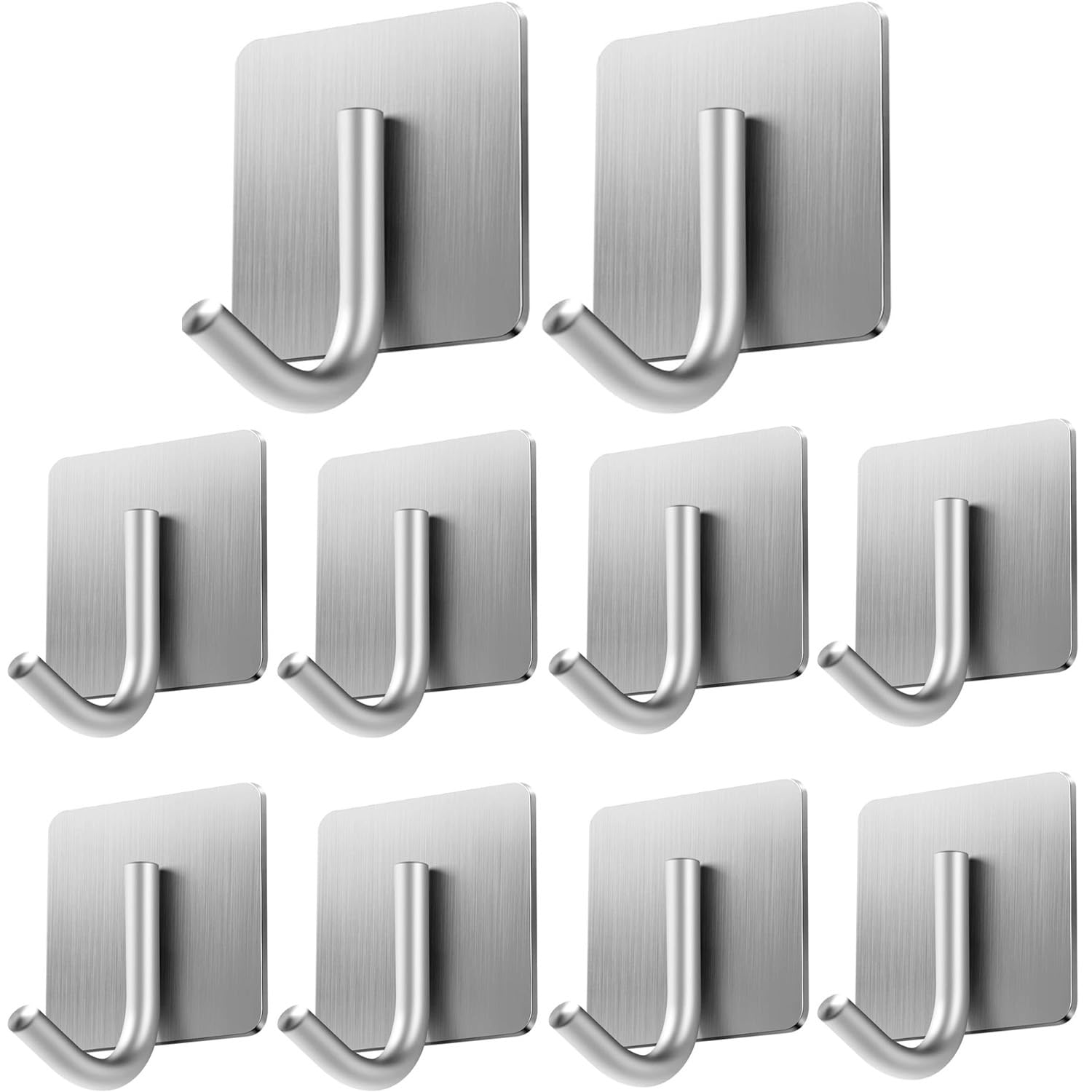JIALTO 10 Pcs Self-Adhesive Stainless Steel Hooks Heavy-Duty Wall Hangings, Waterproof & Drill-Free – Strong Towel, Coat and Kitchen Hooks for Bathroom and Kitchen (Joint J Hook Silver)