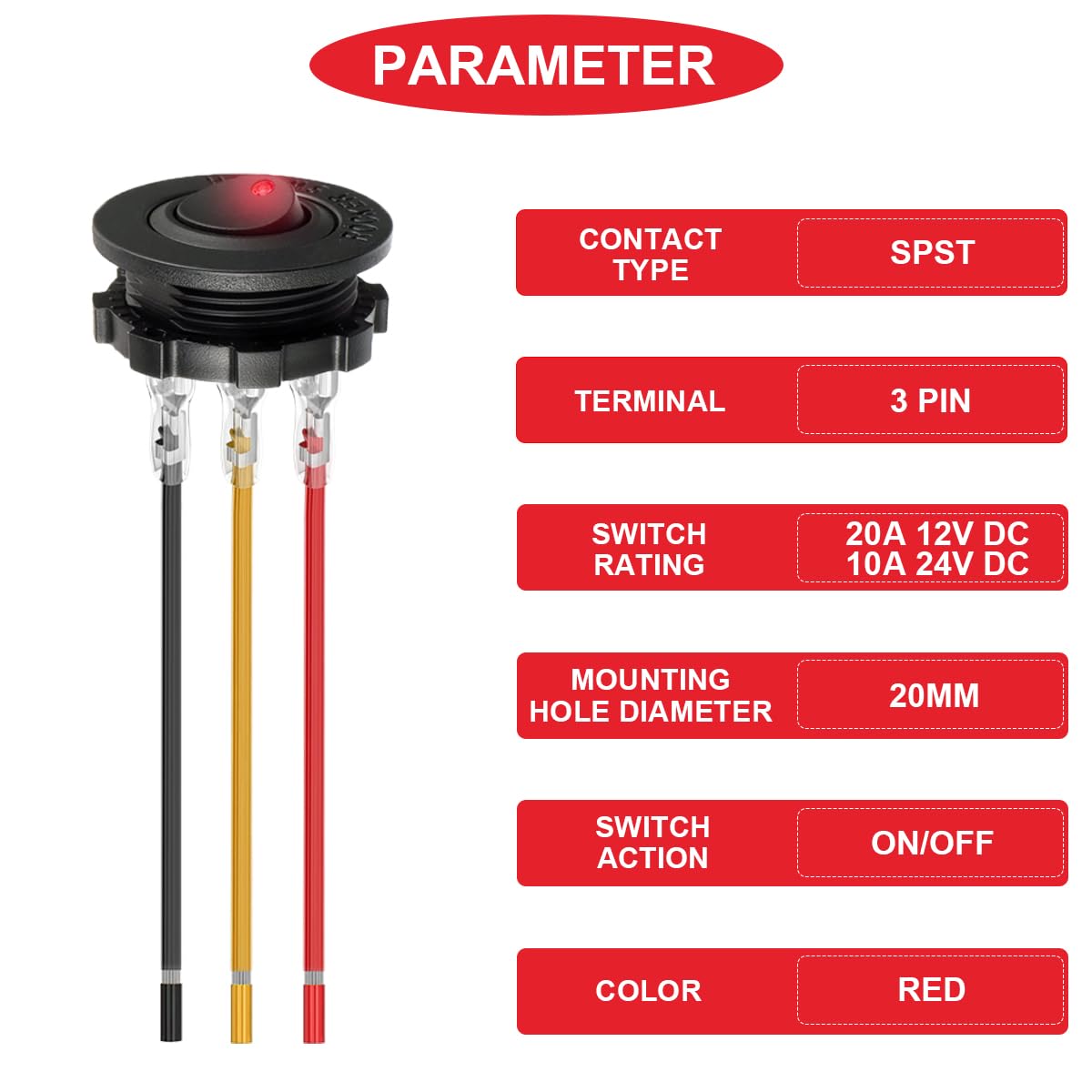 1 czerwony przełącznik kołyskowy LED DC 20A 12V/10 A 24V 3-pinowy z przewodem LED SPST Podświetlany przełącznik kołyskowy z zablokowanymi przewodami zacisków do samochodu