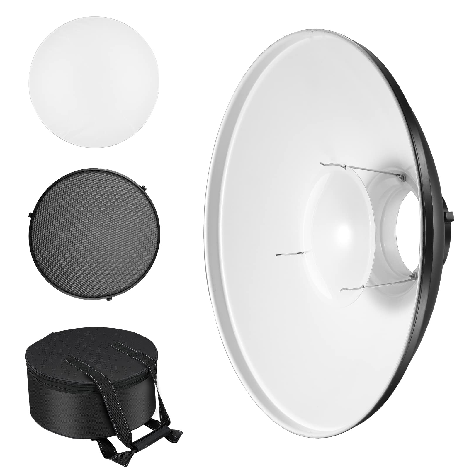 Soonpho Beauty Dish avec réflecteur Standard de 22 Pouces / 55 cm avec Grille à nid-d'abeille, chaudière diffuseur Blanc et Sac, pour lumière Flash Stroboscopique par Studio avec Montage Bowens