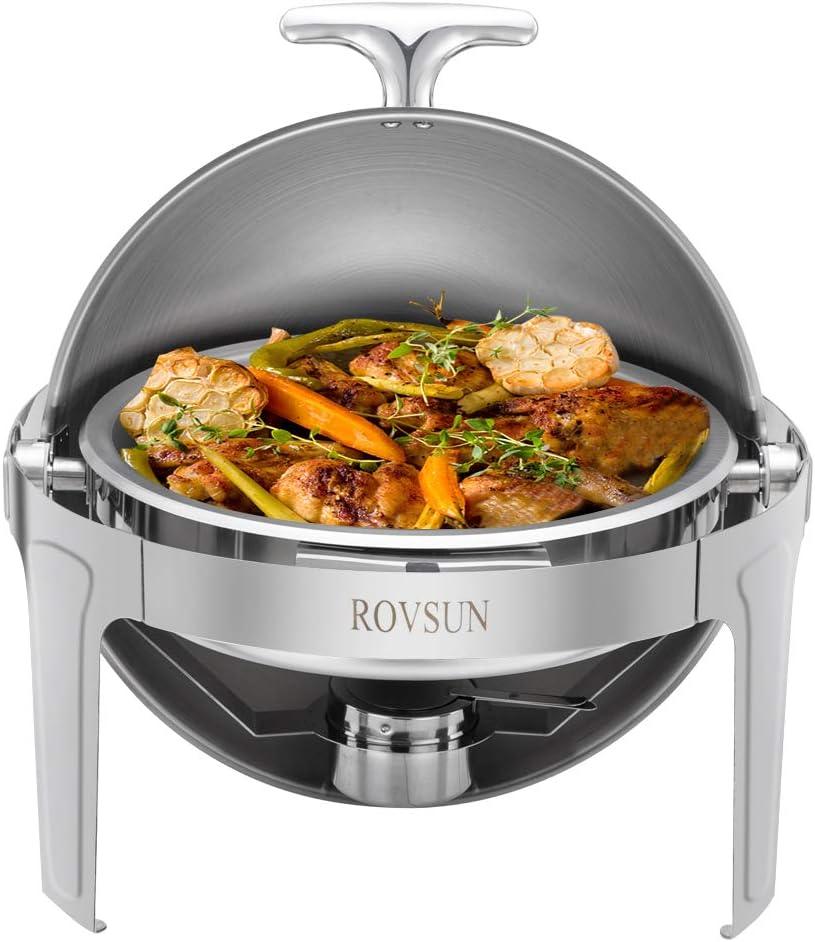 ROVSUN Chafing Dish Buffet Set,6 Quart Roll Top Stainless Steel Chafer, NSF Round Set with Food Pan, Water Pan and Fuel Holders, for Wedding, Parties, Banquet, Catering Events