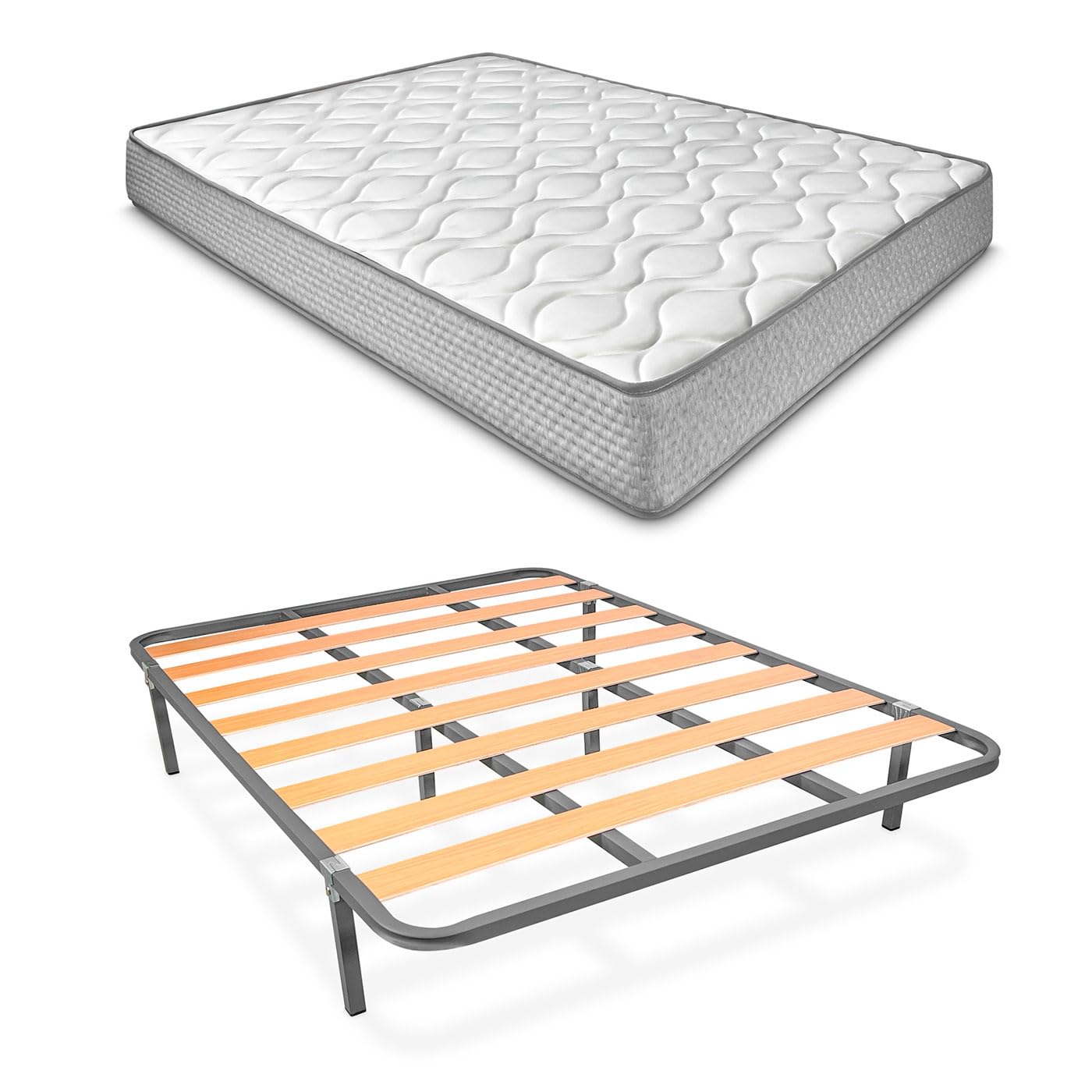 amuéblate Online - Cama Completa con Colchón Carla Reversible + Somier de Láminas Basic con 6 Patas Abrazadera, 135 x 190