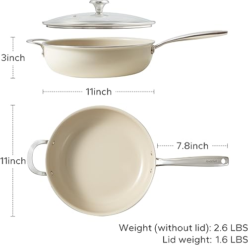 Miniatura 8 de Redchef Sartén de cerámica con tapa, sartén profunda antiadherente, olla jumbo de 5 cuartos con mango auxiliar y tapa, sartén de cerámica no tóxica,