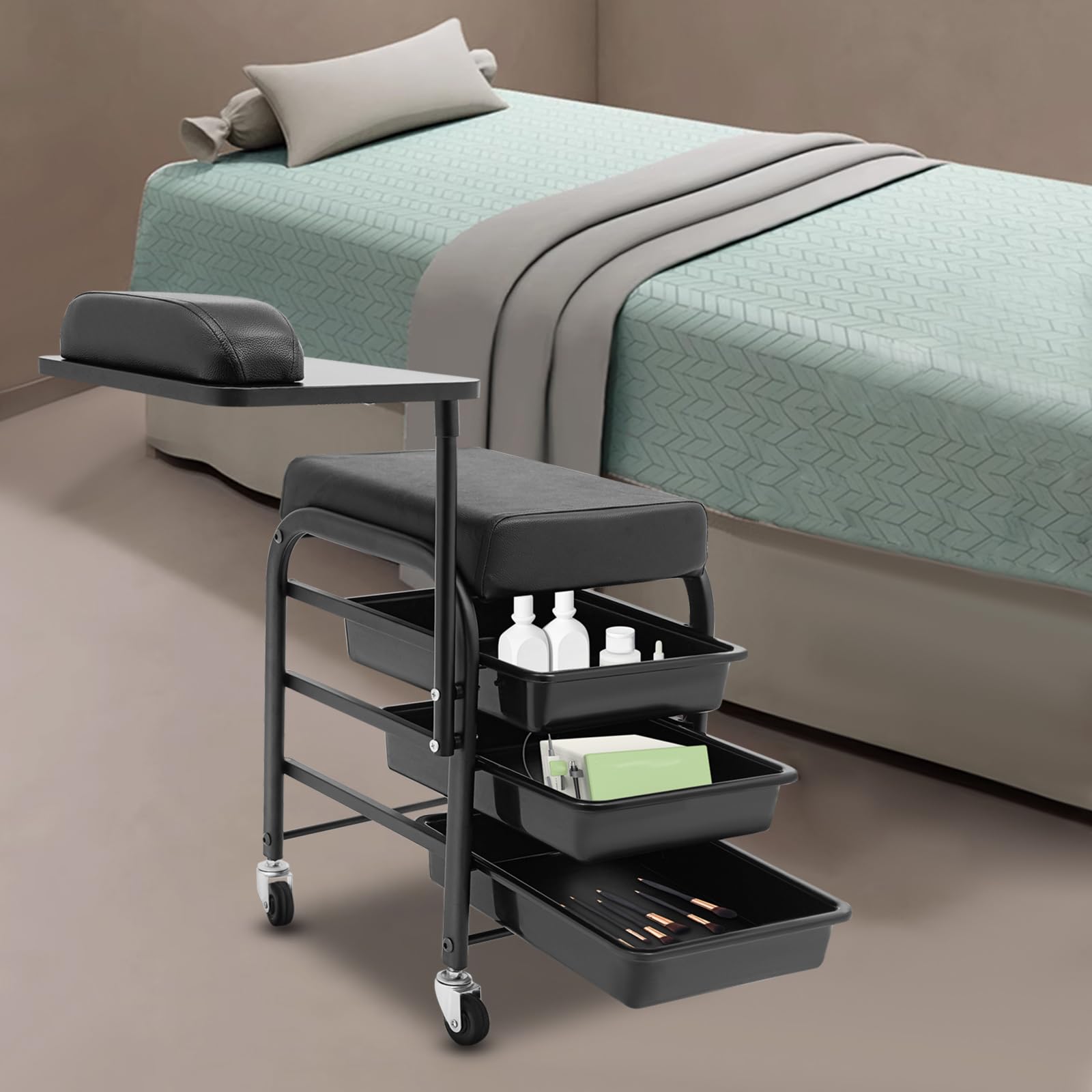 Chariot de spa portable pour bain de pieds avec 3 tiroirs, 4 roues universelles et plateau rotatif