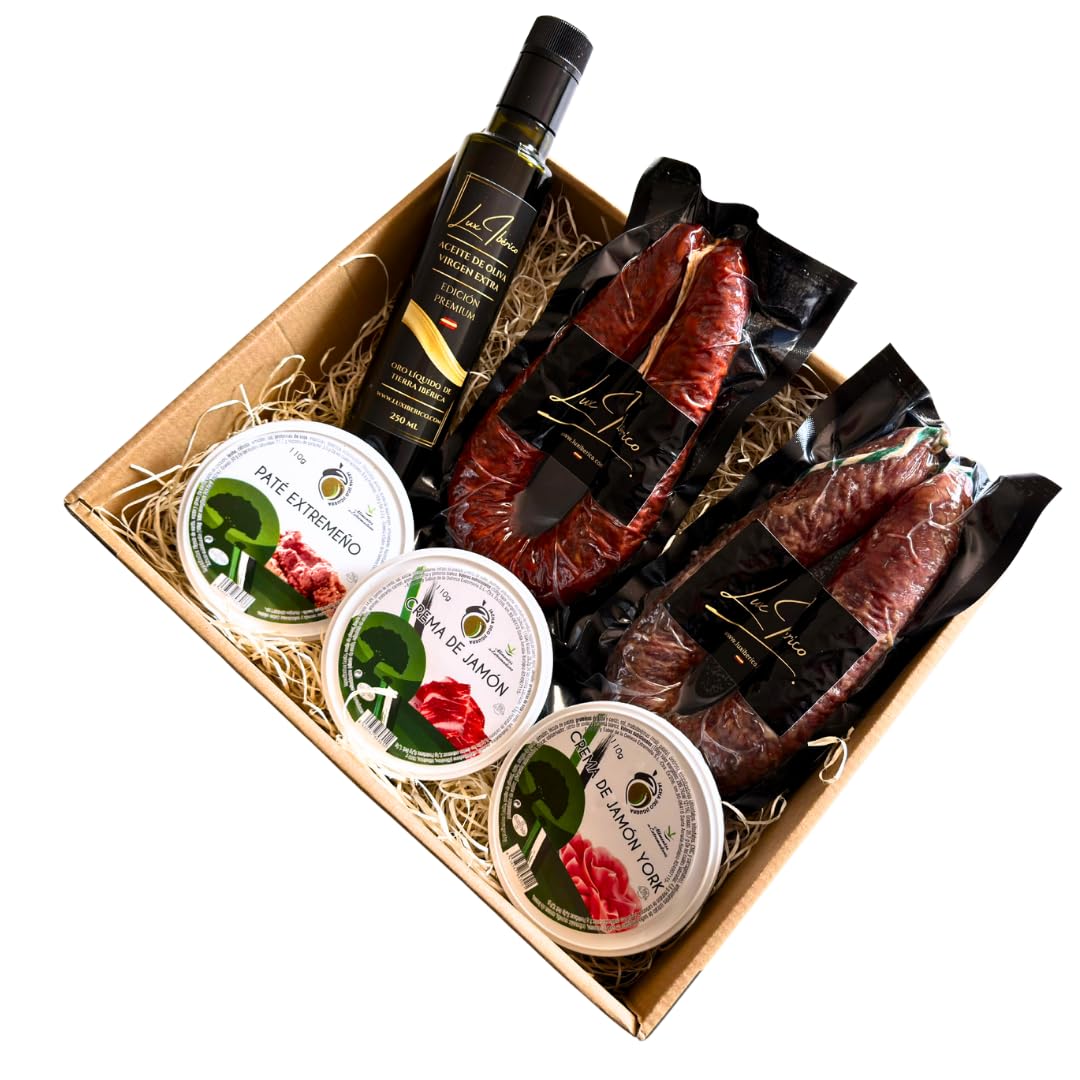 Cesta Regalo Galileo - Embutidos, Patés Extremeños y Aceite de Oliva | Chorizo y salchichón ibérico, tres patés extremeños y aceite de oliva virgen extra. Aperitivo variado listo para regalar.