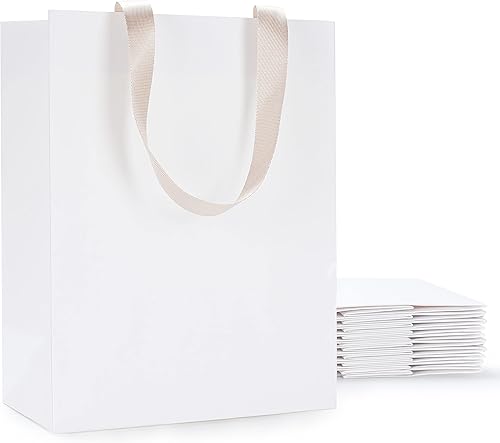 Miniatura 1 de Bolsas de regalo blancas, 10 bolsas de papel kraft blanco de 8 x 4.25 x 10 pulgadas con asas, bolsas de compras de papel blanco, bolsas de