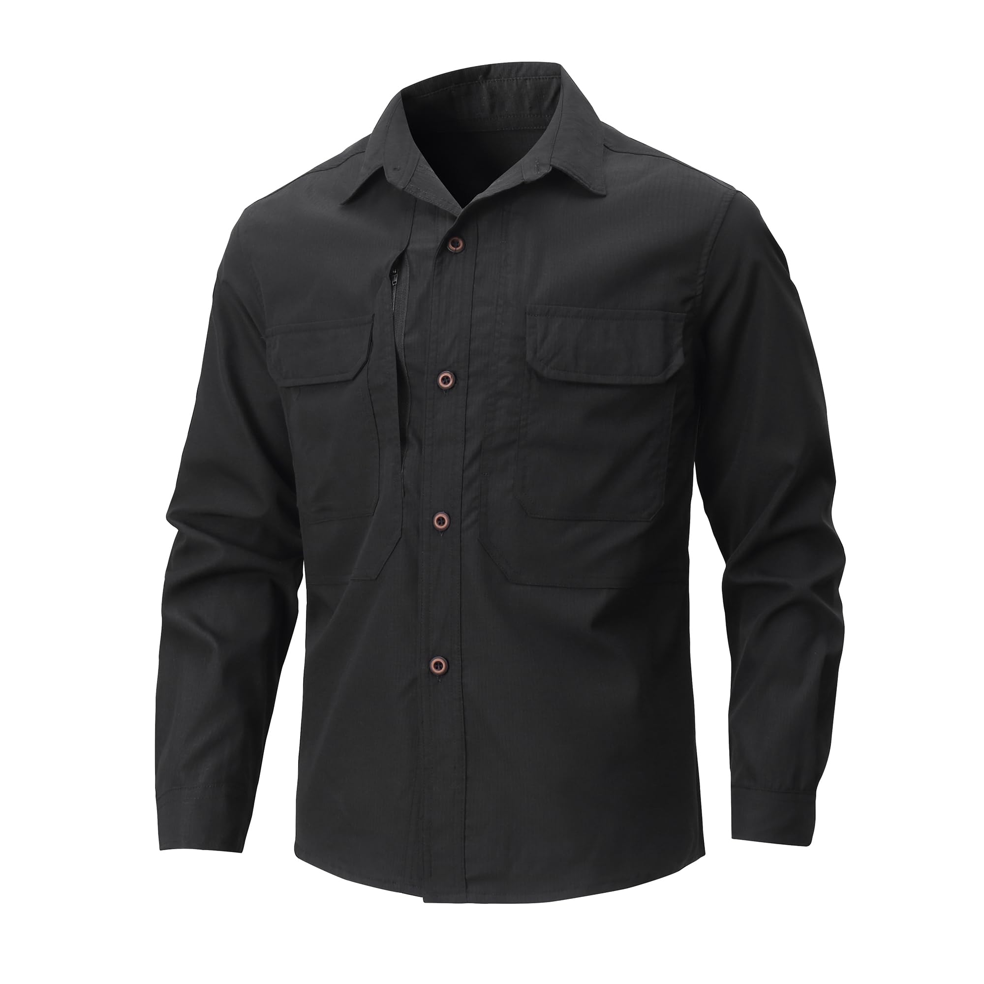 Herren Outdoor Langarm Hemd Funktionshemd mit Taschen Safari Sportshirt Atmungsaktiv Schnelltrocknend Shirts Casual Button Down Hemden Trekking Outdoorhemd