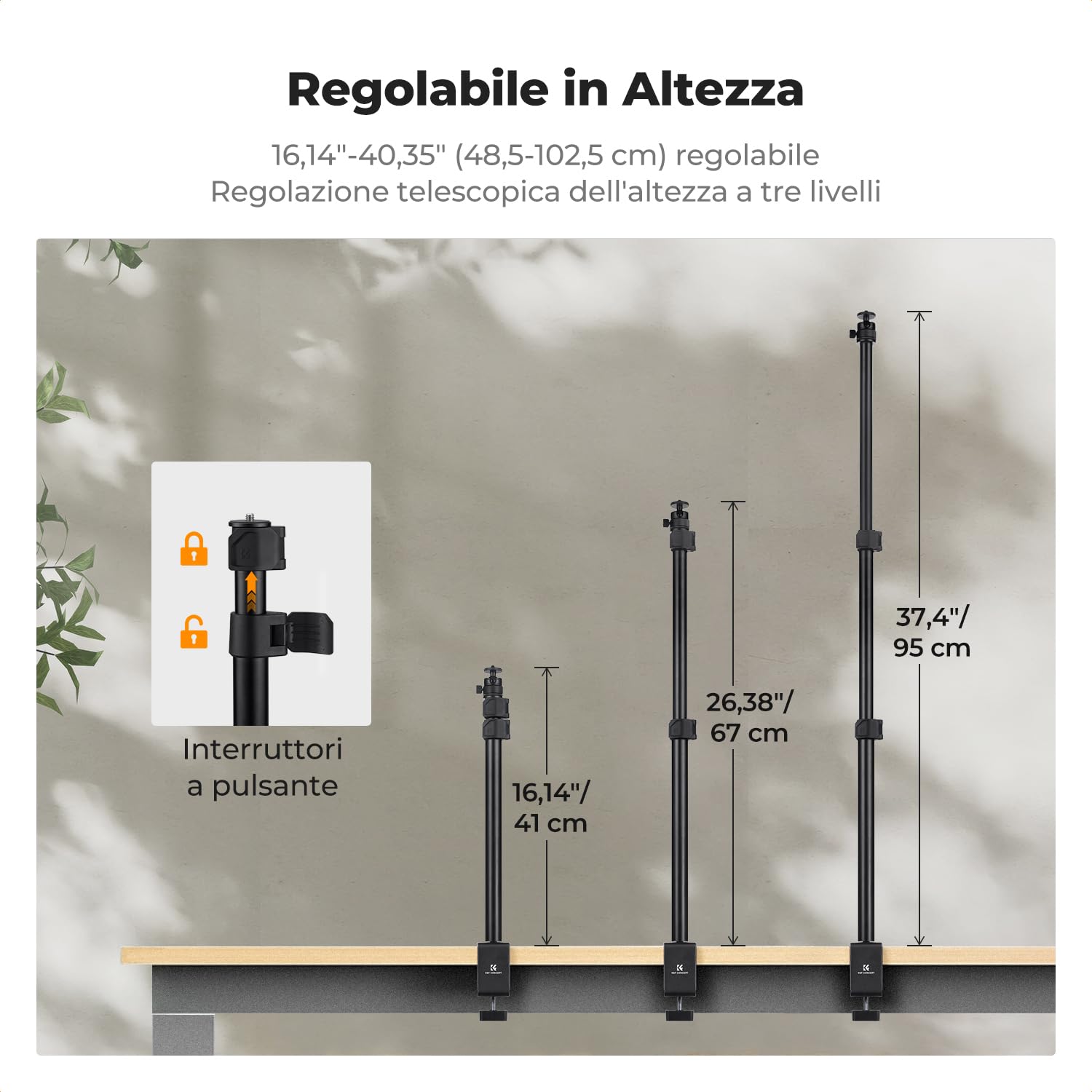 K&F CONCEPT 37-102 cm regolabile Supporto da tavolo w/attacco 1/4'',2 pz. | testa sferica 360° rimovibile, adatto per fotocamera, smartphone, luce ad anello, streaming e riprese video,TD01