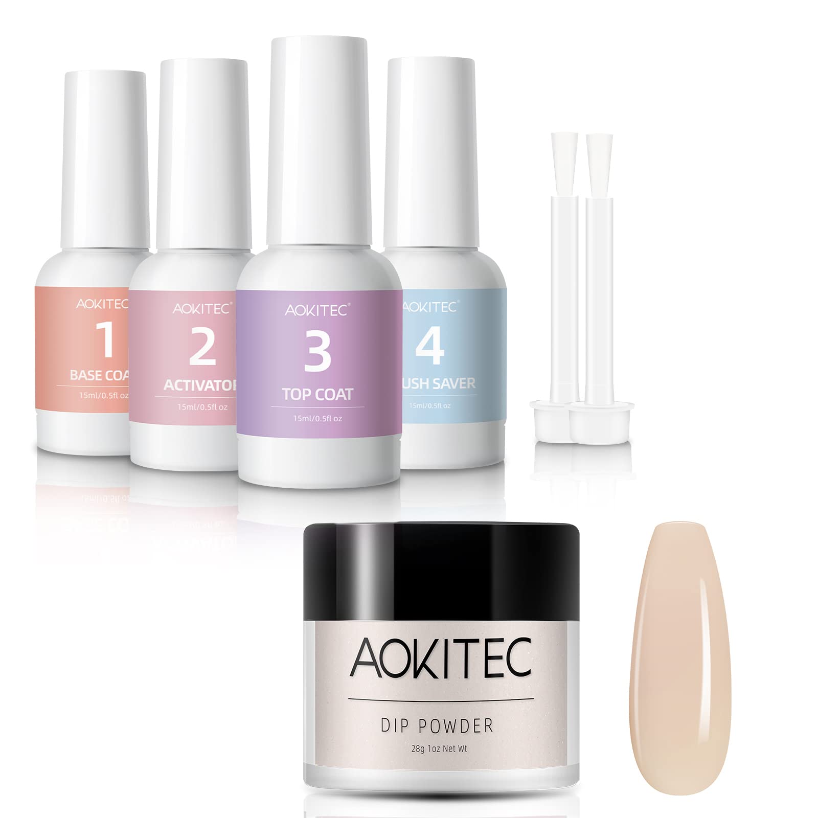 Aokitec Dip Powder Nude Pink 1OZ,Dip Powder Liquid Set 0.5oz Acrylic Dipping Powder Gel With Base & Top Coat Activator Brush Saver Dip liquid Nail Tools Kit 4+2Pcs Manicure Set