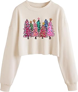 Women Christmas Tree Crop Sweatshirt Funny Xmas Graphic Lantern Long Sleeve Pullover Winter Holiday Family Matching Top