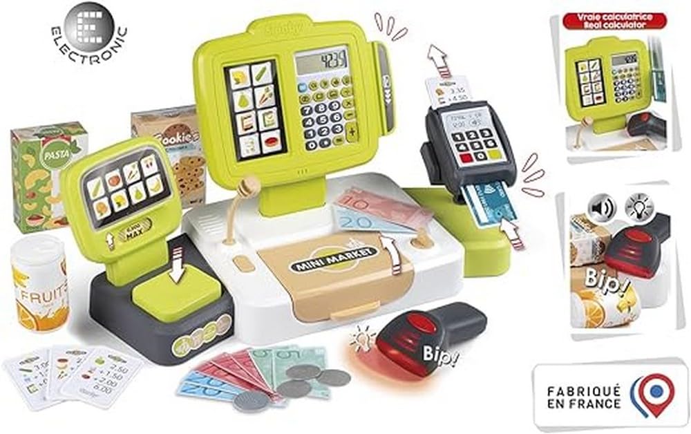 Smoby - Cuisine Bon Appétit - 23 Accessoires - 310824 & Grande Caisse Enregistreuse - 30 Accessoires - Balance Mécanique - Vraie Calculatrice + Scanner Son et Lumière - 350114