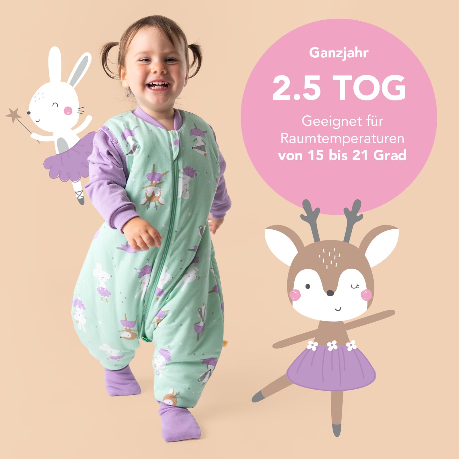 schlummersack Slumbersac Sacco nanna con piedini bambini 2.5 Tog 90 cm Ballerina I Sacco nanna con gambe per dimensione del corpo 90-100 cm | Sacco nanna maniche rimovibili