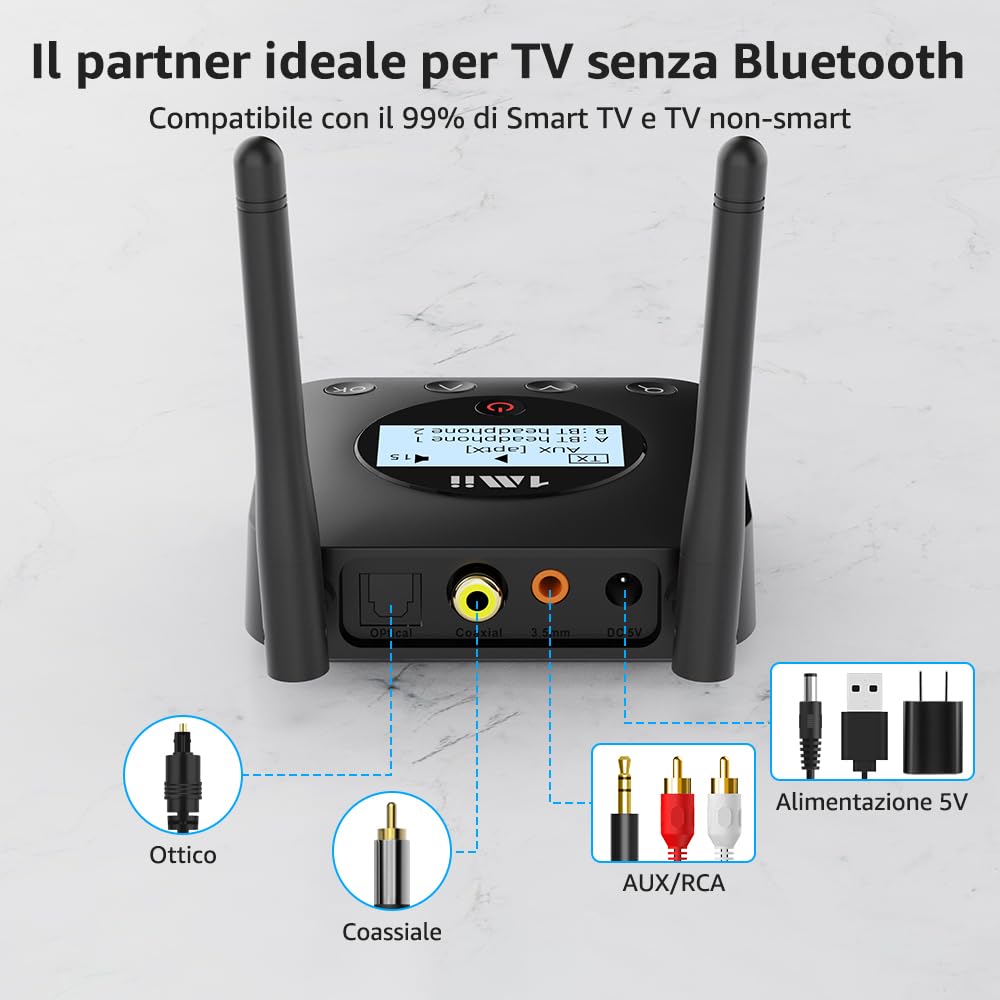 1Mii B06TX+ Trasmettitore Bluetooth 5.3 per TV a 2 Cuffie Bluetooth, Adattatore Bluetooth TV con Display Facile Abbinamento, Ingresso Ottico/Coassiale/AUX, aptX Bassa Latenza/HD per PC/Proiettore