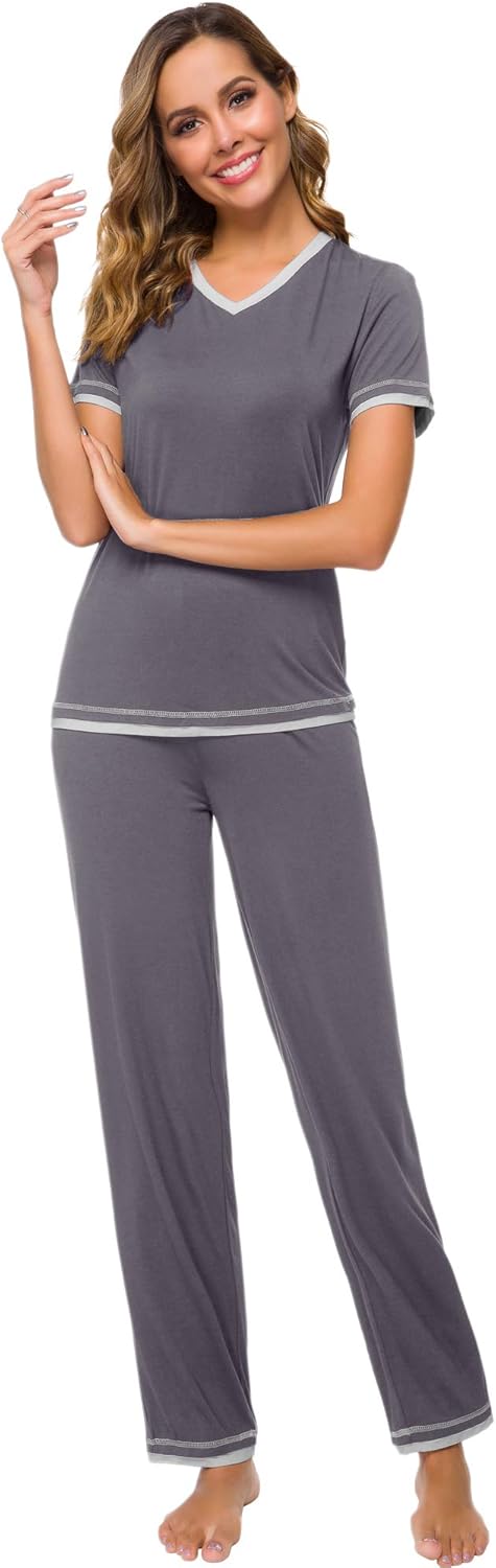 WiWi Womens Viscose from Bamboo Pajamas Set Short Sleeve Top with Pants Pjs Soft V Neck Sleepwear Lightweight Loungewear S-3X