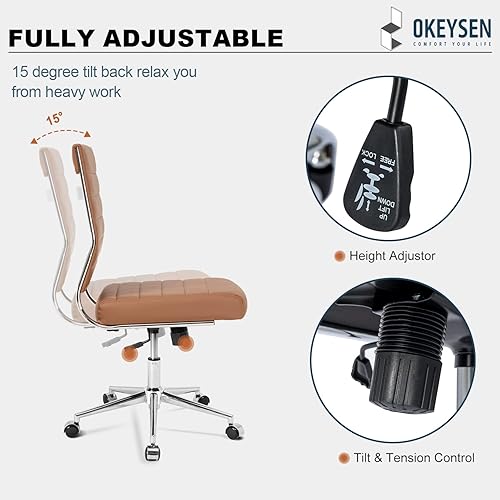 Miniatura 7 de Okeysen Silla de escritorio de oficina sin brazos marrón, Sillas giratorias ergonómicas de la sala de conferencias con respaldo medio, Silla de