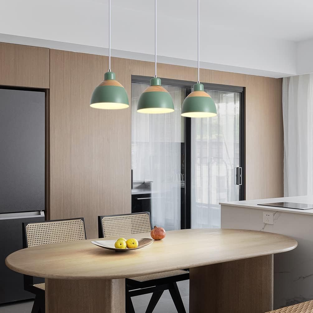 Retro Holz Hängeleuchte 3-Flammig Esstischlampe Grün Metall Pendelleuchte Industrie Höhenverstellbar Hängelampe für Esszimmer Küche Cafe Theke Innen Büro Pendellampe