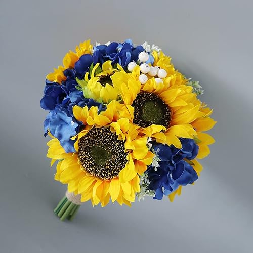 Miniatura 5 de Uwedding Ramo de novia de girasol artificial, 10 pulgadas, romántico, hecho a mano, con flores falsas amarillas, ramo de novia para boda, fiesta,