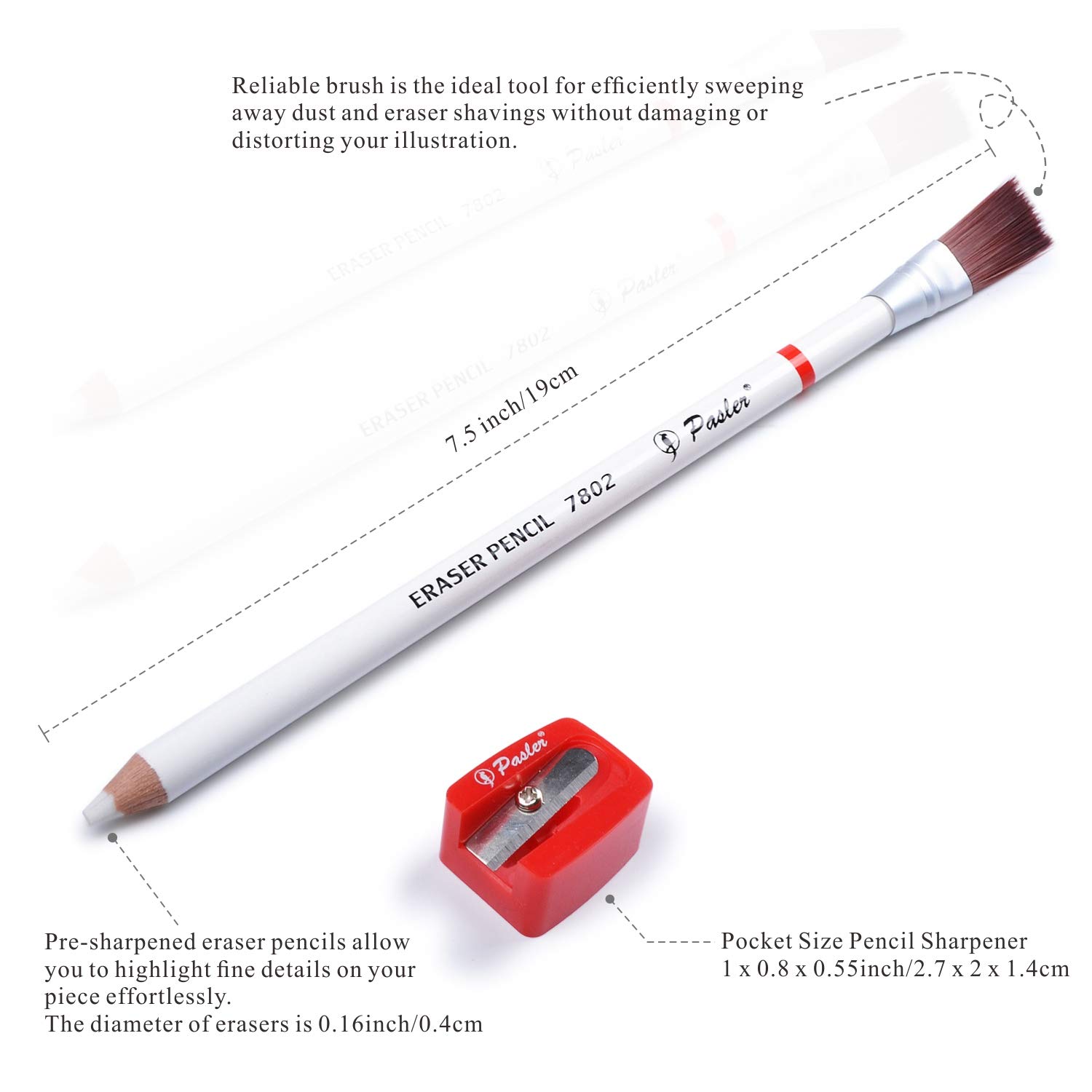 Pasler Eraser Pencil Set of 4, White, Basswood, Brush Eraser, Fine Point Erasing, for Drawing and Writing - Image 3