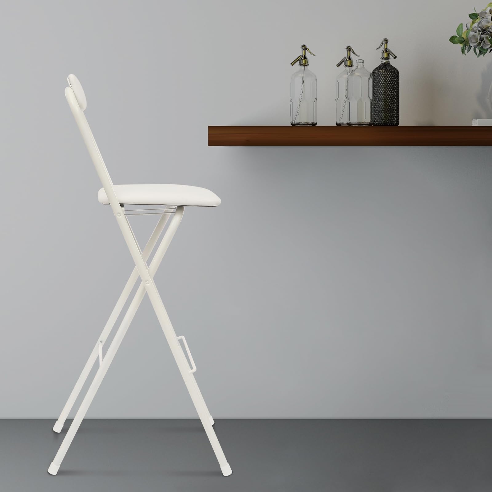 Tabouret de bar portable - Chaise haute pliable - 75 cm - Avec dossier - Tabouret pliable rembourré - Pour bar, café, cuisine - Charge maximale : 125 kg - Blanc