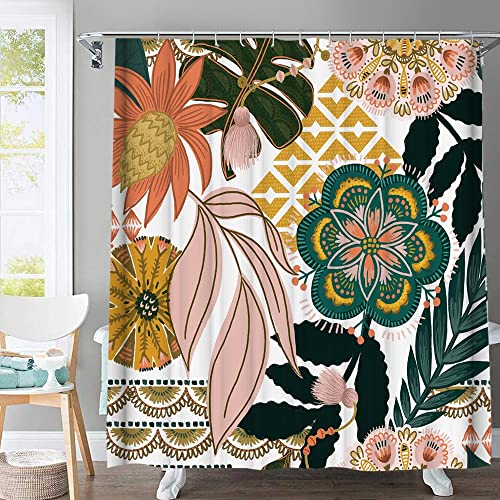 Rideau de douche bohème 182x182 cm polyester floral avec crochets 01 - 2