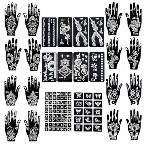 18 Sheets Reusable Tattoo Stencil Kit - Self-Adhesive Indian Arabian Body Paint for Hands and Fingers - Black Temporary Set for Men and Women