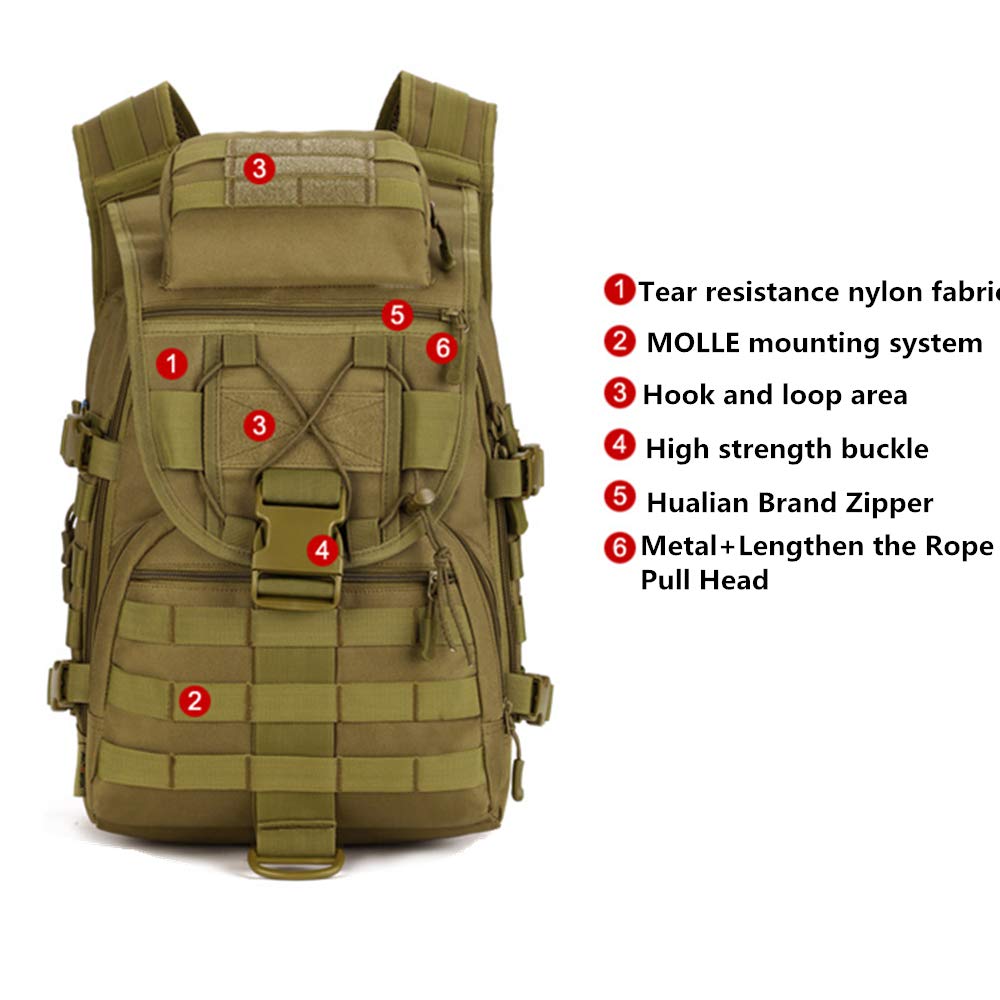 UNISTRENGH 40L Tactical Military Molle Backpack Water&Abrasion Resistant Trekking Bag for Outdoor Traveling Mountaineering Hunting (Brown)