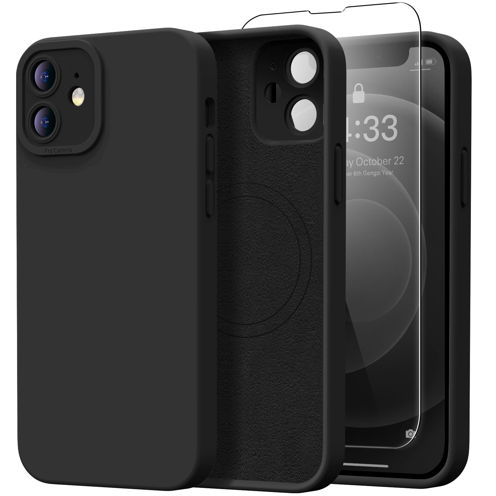 Kiresen Designed for iPhone 12 Case with Screen Protector - Upgraded Camera Protection - Wireless Charging Compatible - Silicone Protective Phone Case 6.1" for Men Women Girls - Black