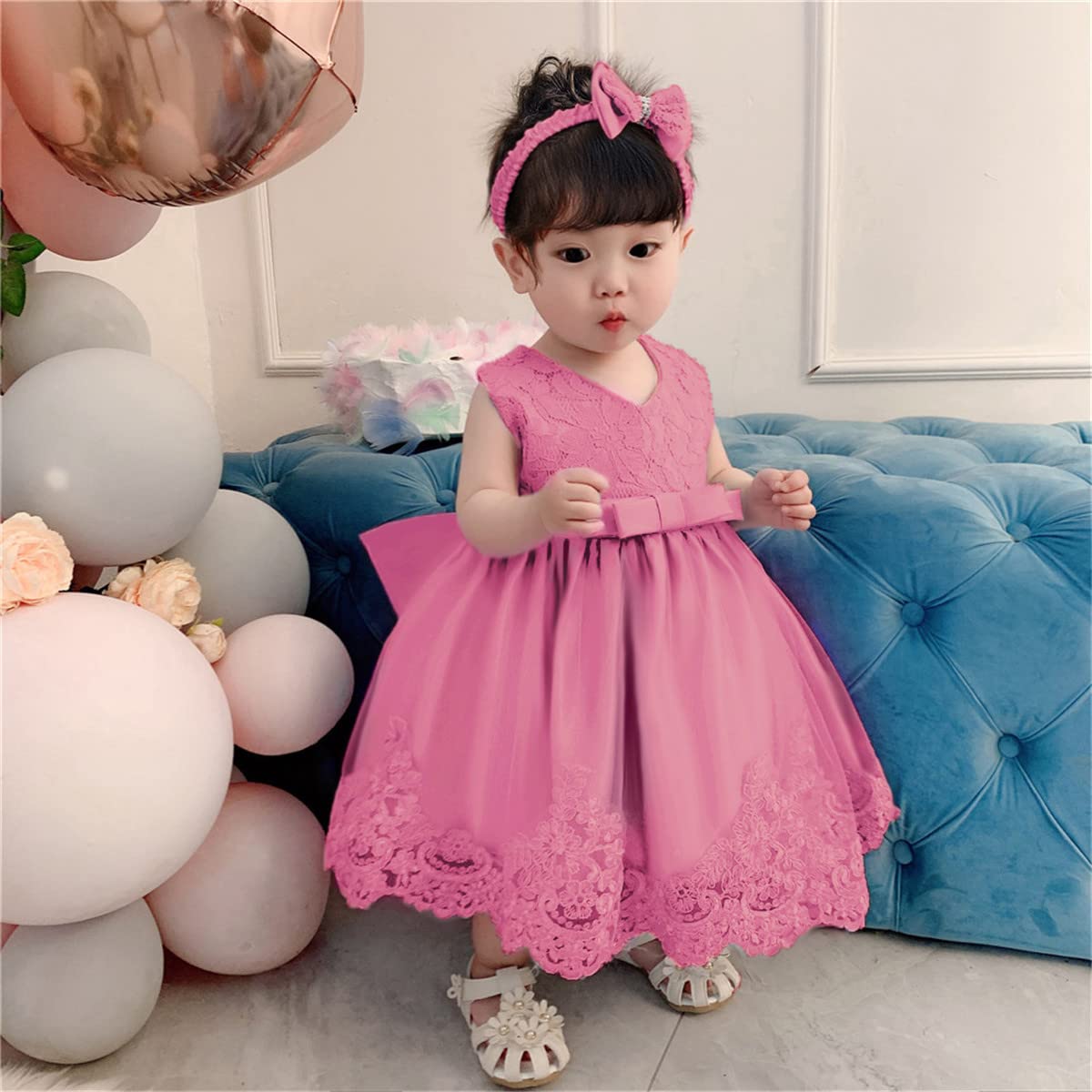 Vestido formal para bebé niña pequeña bordado de encaje con gorro, 0-24 meses, rosado grisáceo, 18-24 Months
