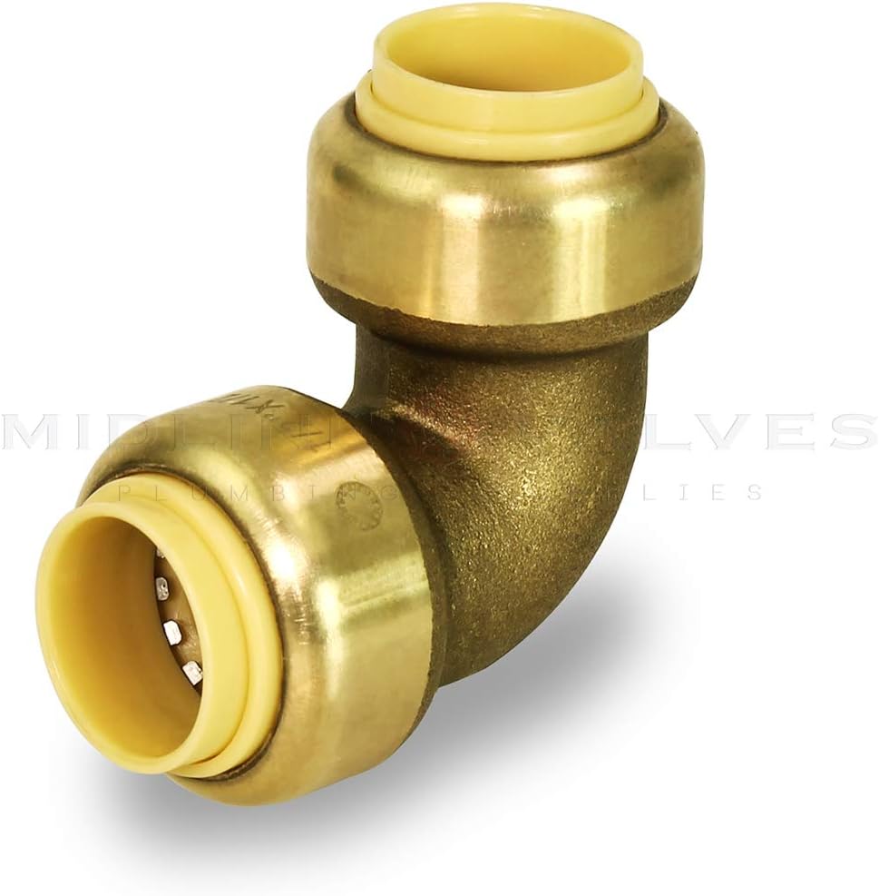 MIDLINE VALVE VQFJ034 90 Degree Elbow Pipe Fittings Push to Connect Pex Copper, CPVC, 1/2'', Brass