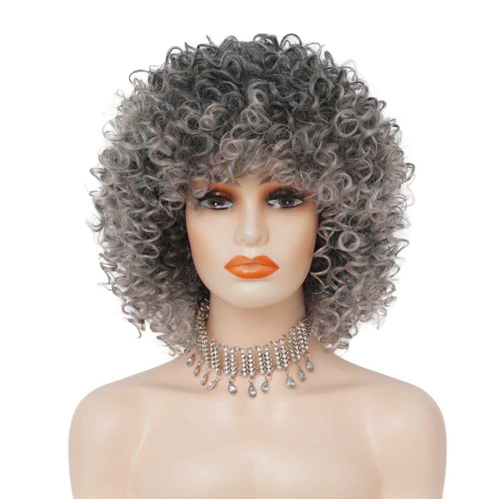 Siudus Grey Short Curly Wig for Black Women 70s 80s Afro Synthetic Kinky Curly Wig with Dark Roots for Daily Party Use - Image 2