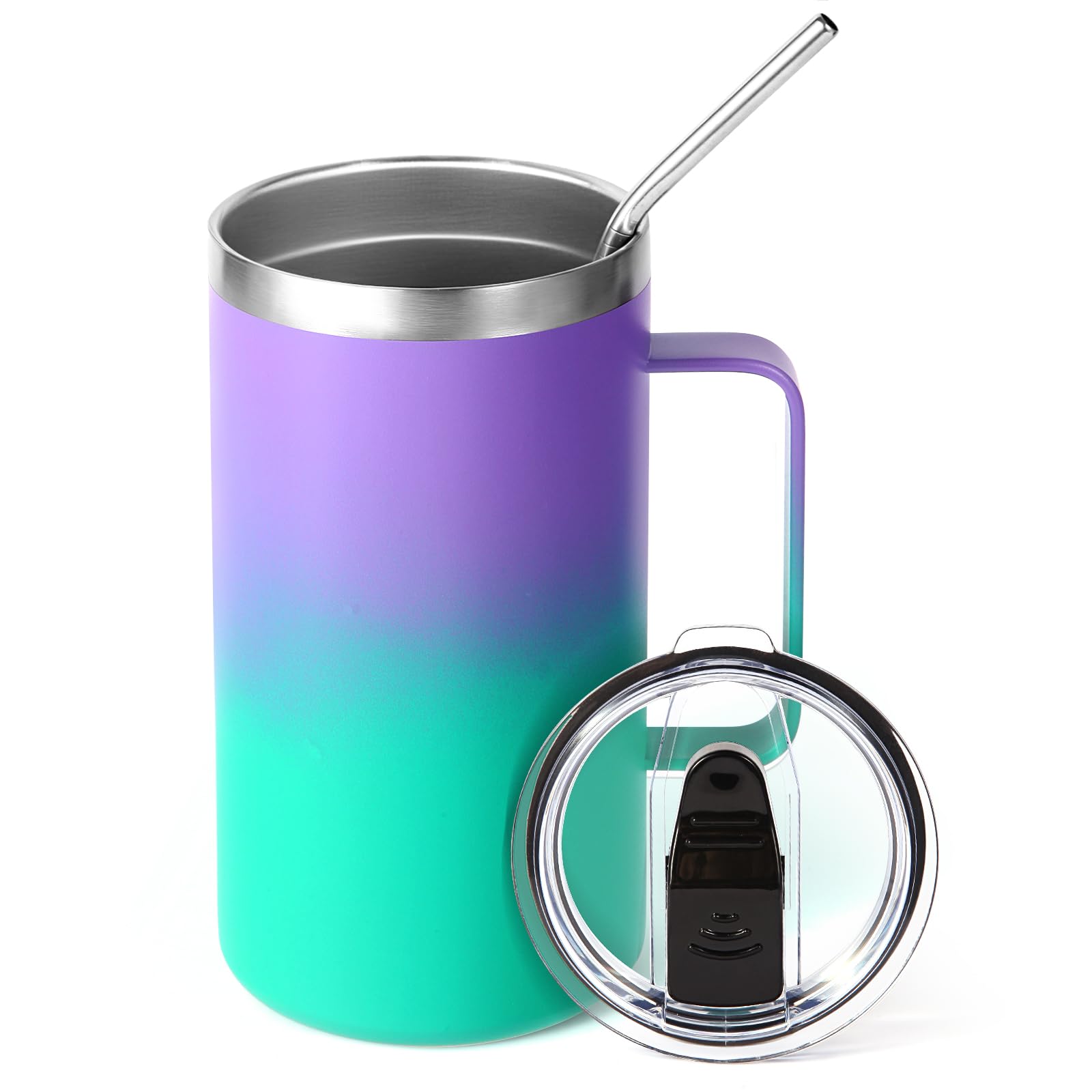 Volhoply 650ml (22oz) Insulated Coffee Mug with Lid and Straw, Stainless Steel Travel Mugs with Handle, Leak Proof Double Wall Coffee Cup for Hot and Cold Drinks (Purple Green,1 Pack)