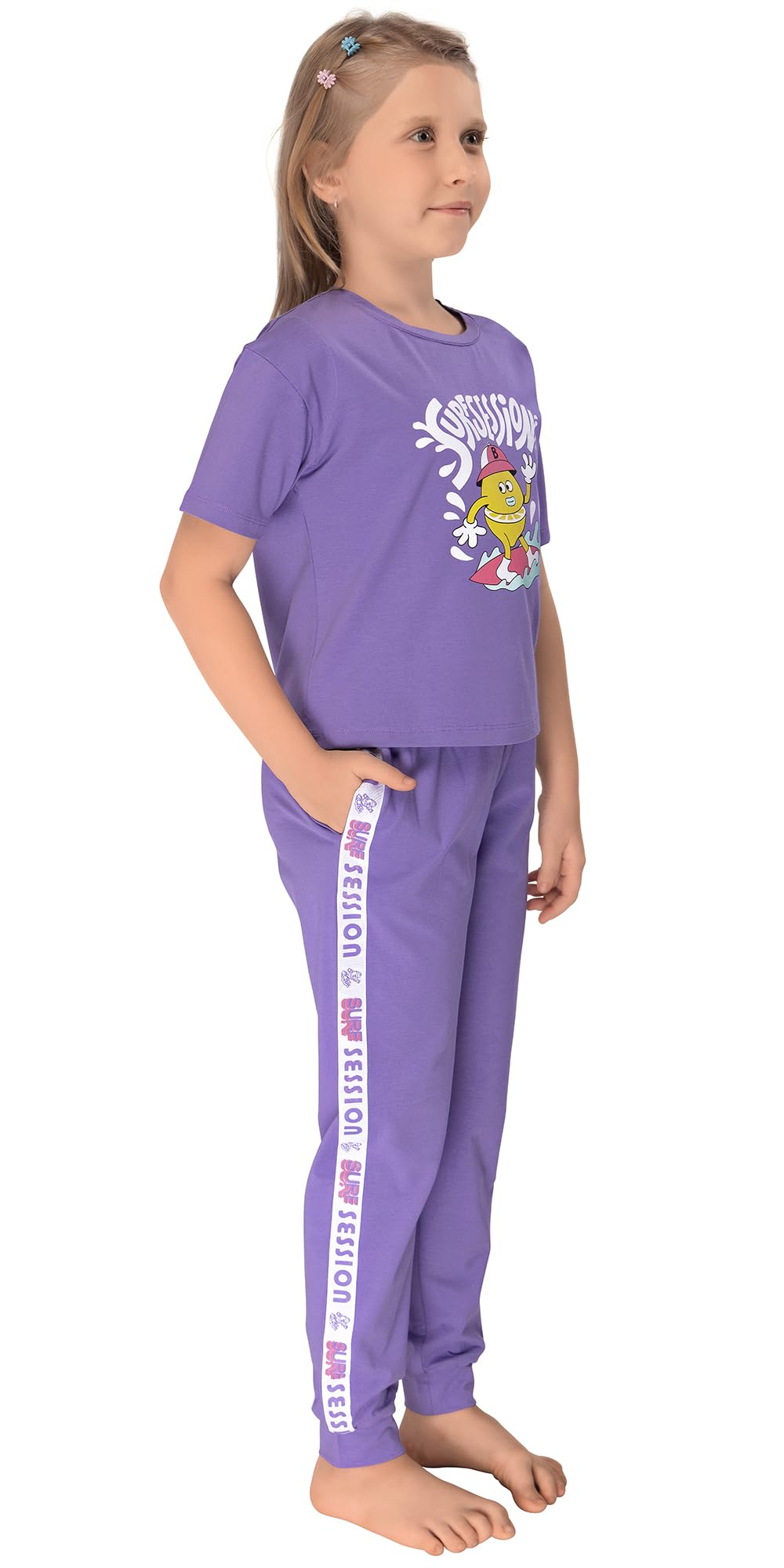 Laughing Kids Girls Cotton Pajama Set, Lavender Co-Ord Night Suit with Cartoon Print, 2-Piece Jogger and T-Shirt Set, Casual Sleepwear for Kids (9 to 10 Years) 2