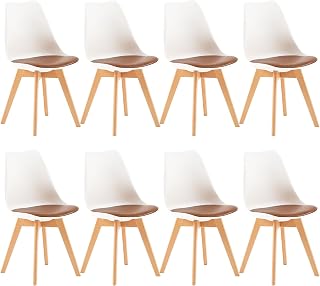 EGGREE Pack 8 Sillas de Comedor Sillas Cocina Nordica con Asiento Tapizado de Cuero PU y Patas de Haya, Blanco & Cuero PU Marrón
