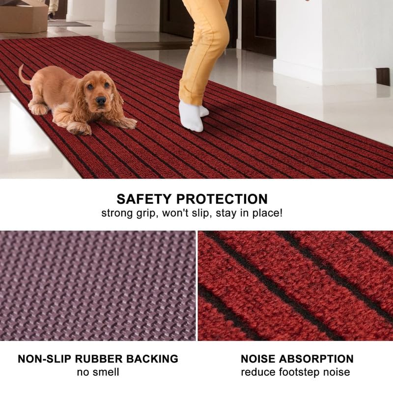 Image of TIB Anti-Slip Door Mat with PVC Rubber Backing, Water & Stain Resistant Striped Floor Mat for Home Entrance, Bathroom & Kitchen, Durable Non-Woven Surface,Easy Clean Doormat,4x7ft,Red