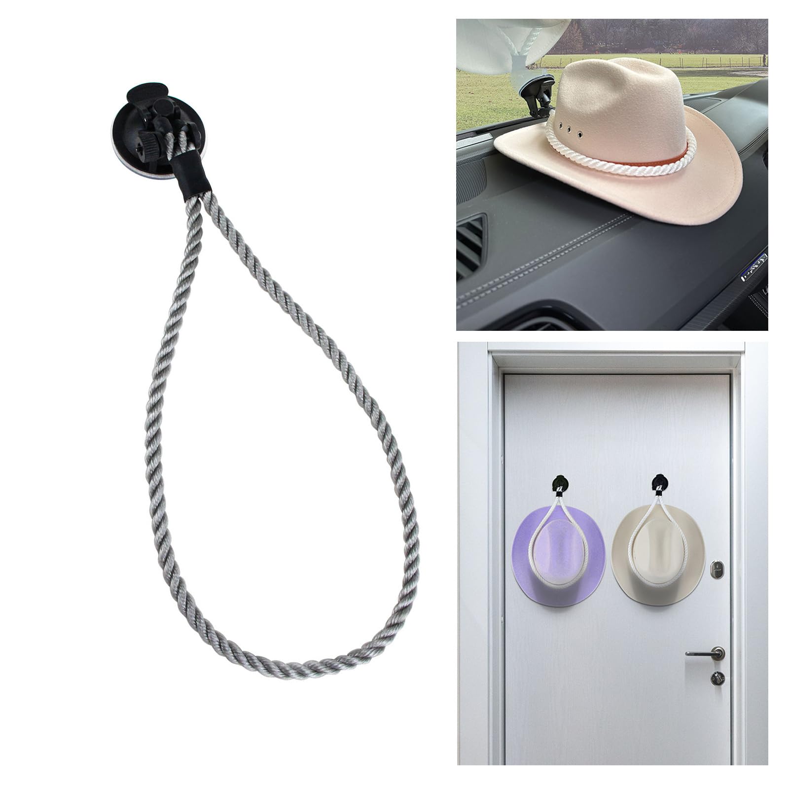 1 PC Car Cowboy Hat Mounts with 35.4In Rope, 2.6In Plastic Automotive Dash Hat Rack Suction Cup Hook, Universal Vehicle Hat Holder Accessories for Cars Trucks SUVs Home Doors (Gray)