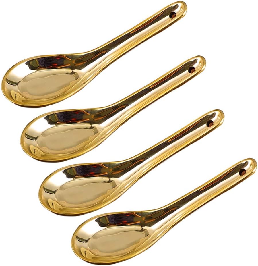 Tablespoons 5 Inch Brass Soup Spoon Household Dinner Spoon Thickened Spoon Stirring Spoon Copper Tableware, Set of 4 Serving Spoon, Dingzhebo2022