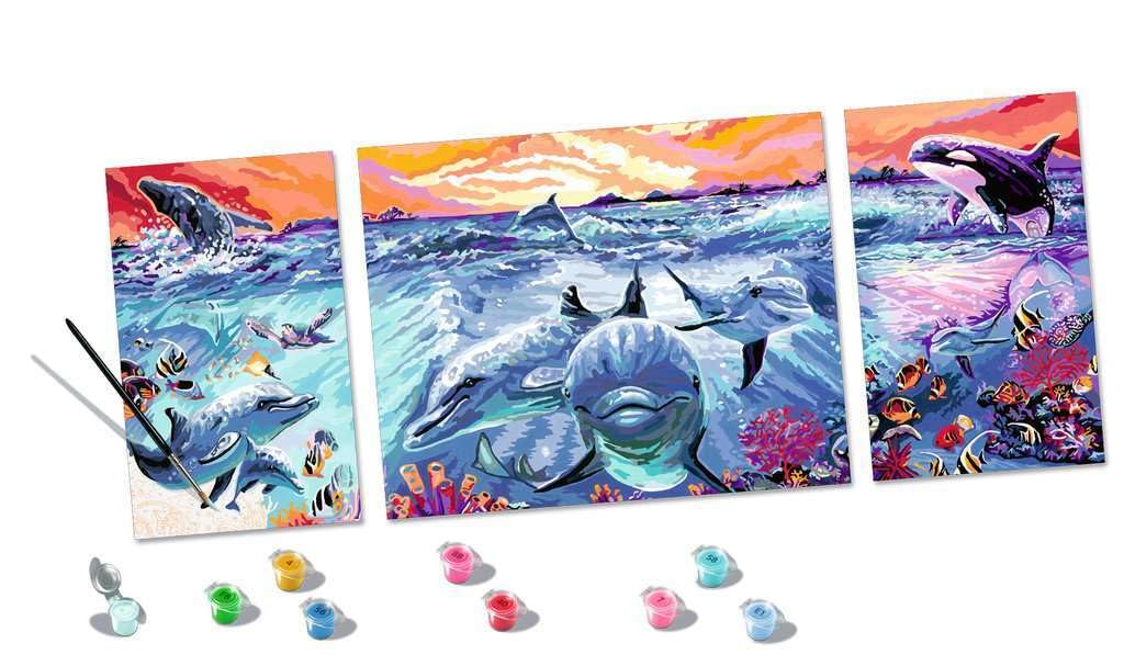 Ravensburger CreArt 23577 - Colourful Underwater World - Trittico con numeri per adulti, set di pittura fai da te con pennello e colori acrilici, regalo per donne e uomini, pittura per adulti