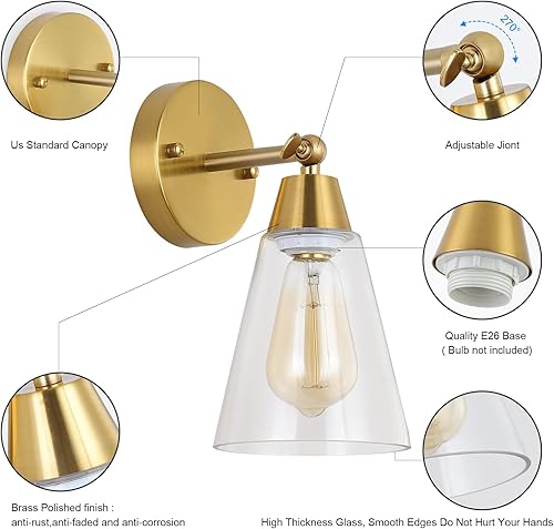 Miniatura 5 de MWZ Juego de dos apliques de pared dorados, modernos apliques de pared de latón cepillado con pantalla de tela blanca, accesorios de baño sobre