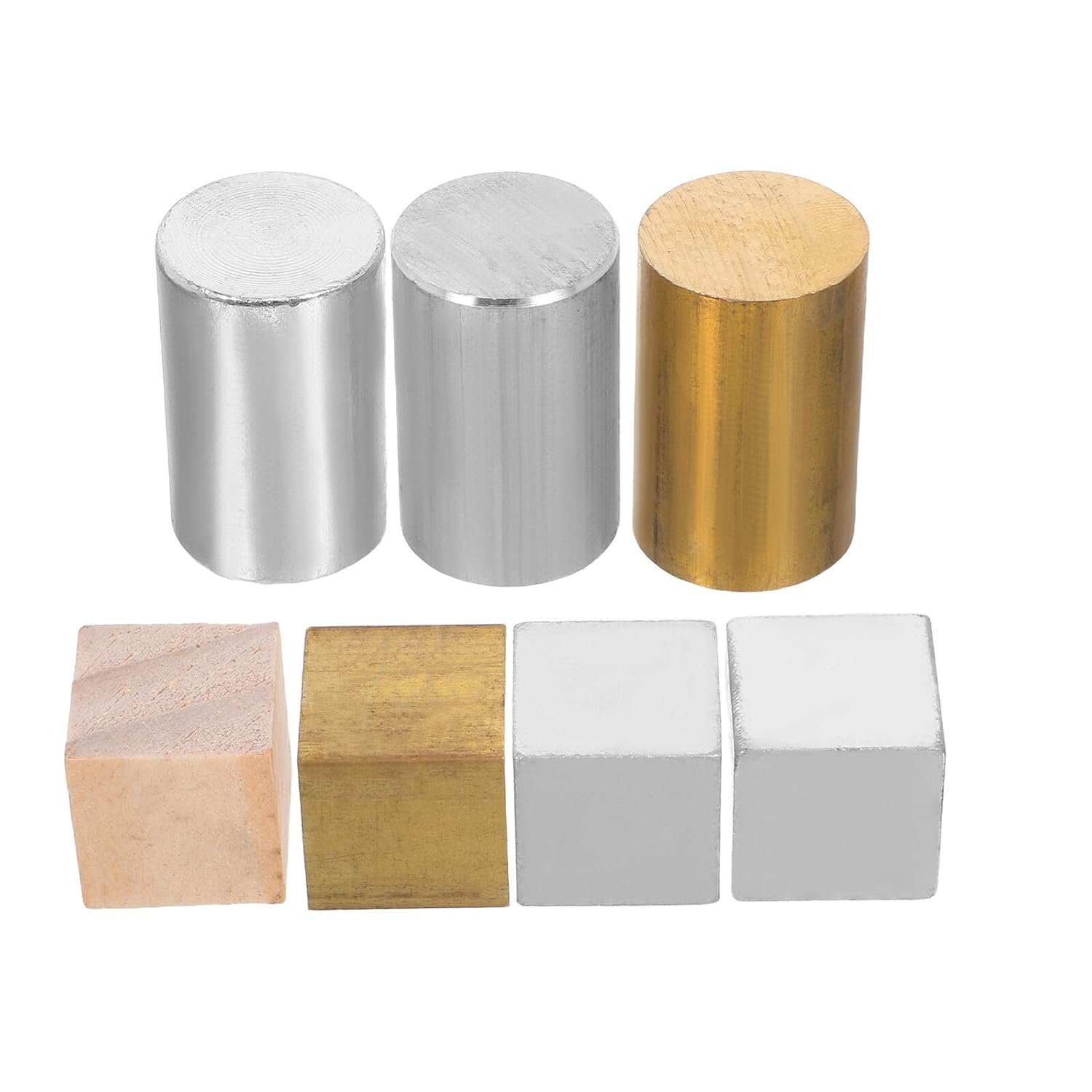7pcs Metal Density Cube Set with Square and Cylinder Blocks, Copper Iron Aluminum Elements for Science Lab and Classroom Measurement, Small 2.5cm Edge Cubes and 1.8cm Diameter