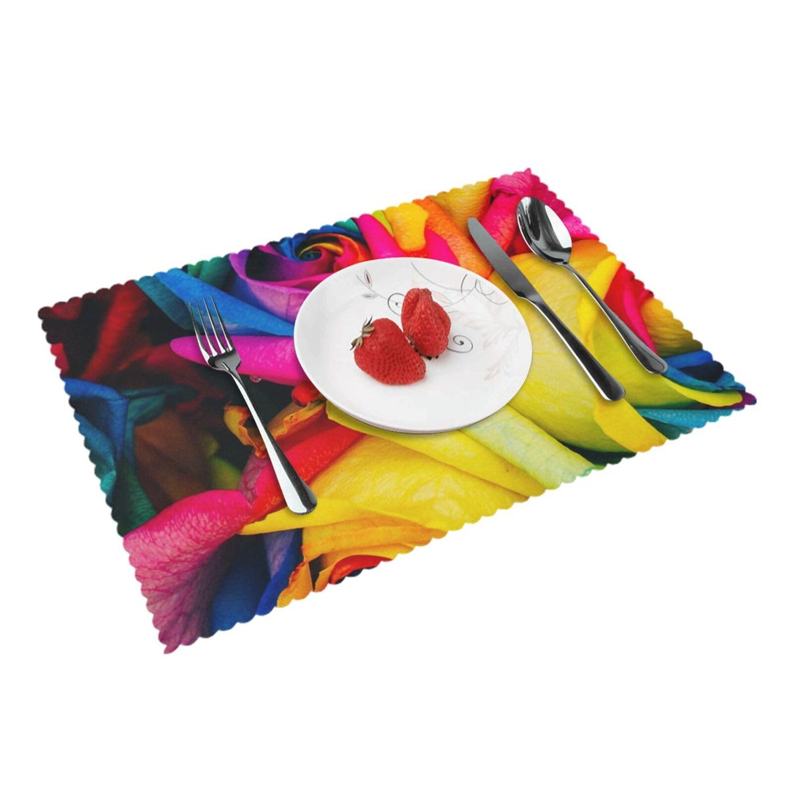 Rainbow Rose Printed Placemats Set of 4 PCS Washable Placemat for Kitchen Table Heat-resistant Table Mats 45x30 CM