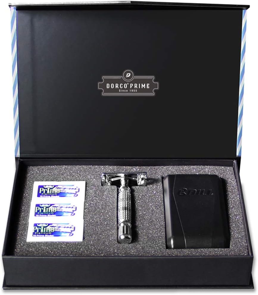 Dorco Prime Starter Set: Double Edge Safety Butterfly Shaver Handle, 30 Double Edge Razor Blades and Travel Case