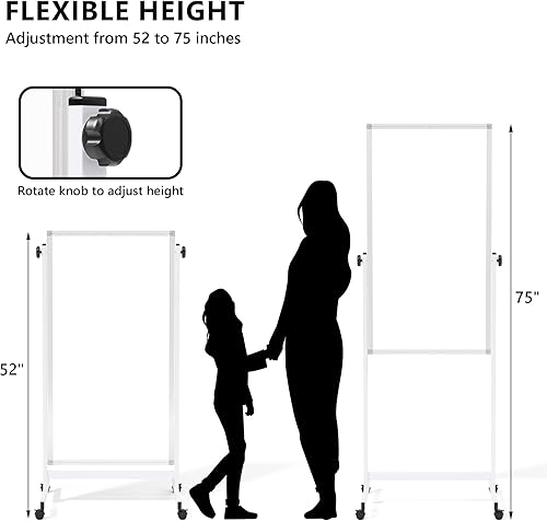 Miniatura 4 de Pizarra blanca rodante sobre ruedas, 48 x 24 pulgadas de altura ajustable con soporte, pizarra blanca magnética móvil grande de doble cara de pie