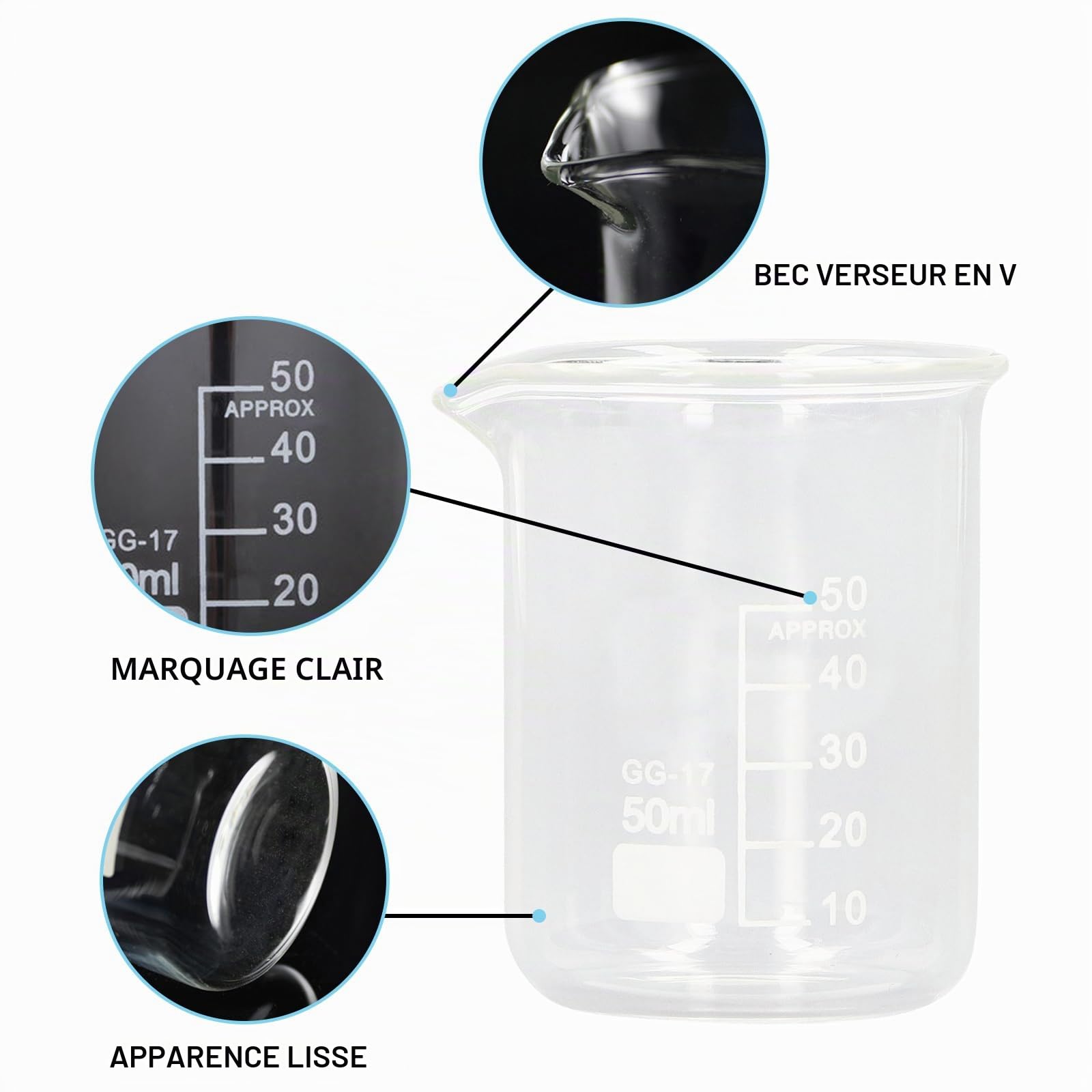 10 Pcs Bécher de Mesure en Verre, Borosilicate 50Ml Bécher de Laboratoire Transparents Volumétriques Verrerie de Laboratoire pour Fournitures de Cuisine de L'École