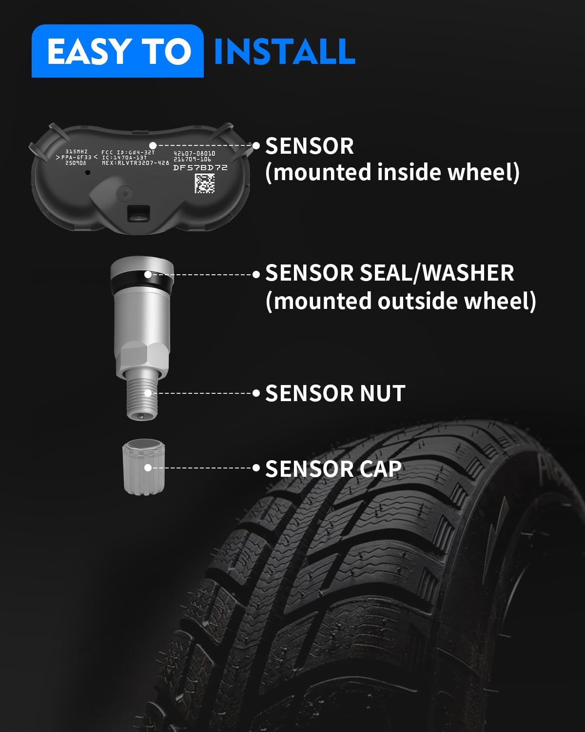 315MHz Pre-Programed TPMS Sensor for:-Toyota Sequoia 2008-2017, Sienna 2007-2020, Tundra 2007-2020, Tire Pressure Monitoring System Sensors OE# 42607-08010 4260708010 42607-0C070 (4 Pack)