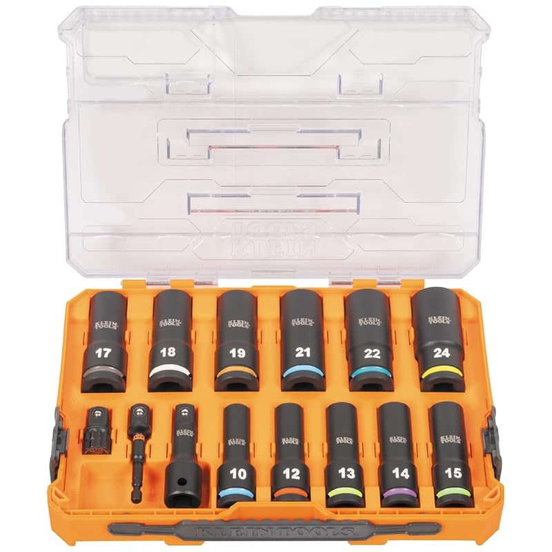 Jogo de Soquetes de Impacto Profundos KLEIN TOOLS 65111IMPCTM KNECT, Encaixe de 12,7 mm (1/2 pol.), Métrico, com Estojo MODbox, Adaptador e Extensão, 14 peças